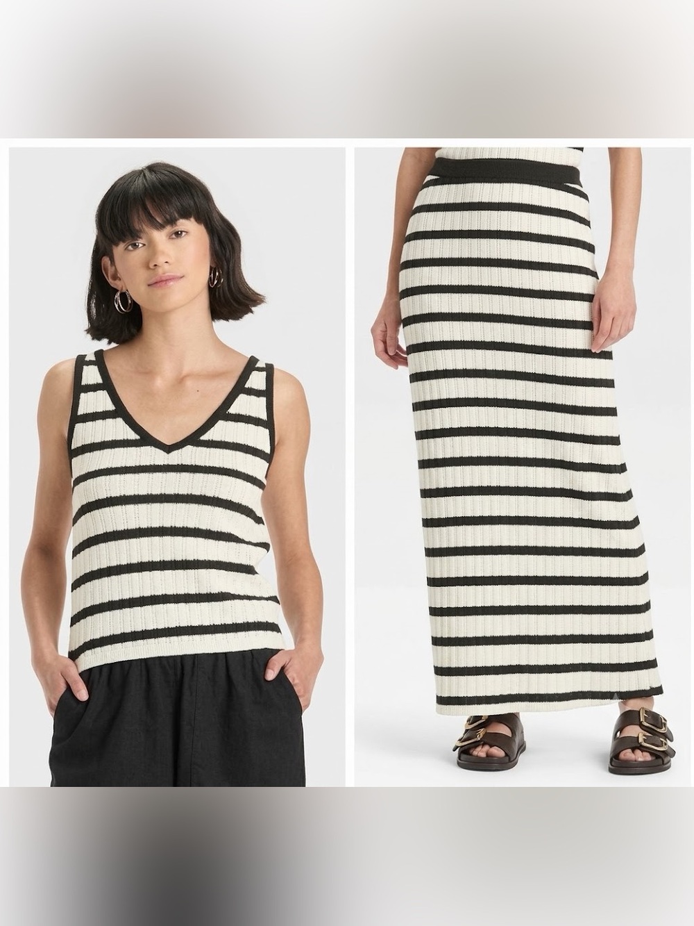Universal Thread Black & White Striped V-Neck Tank and Maxi Skirt Sweater Set